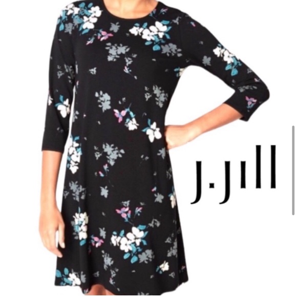 J Jill Wearever Perfect Black Floral Ballet Sleeve Dress Size 2X - Picture 1 of 16